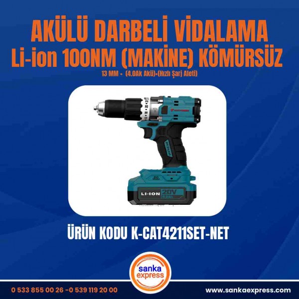 AKÜLÜ DARBELİ VİDALAMA Li-ion 100NM (MAKİNE) KÖMÜRSÜZ  13 MM  (4.0Ak Akü)(Hızlı Şarj Aleti)