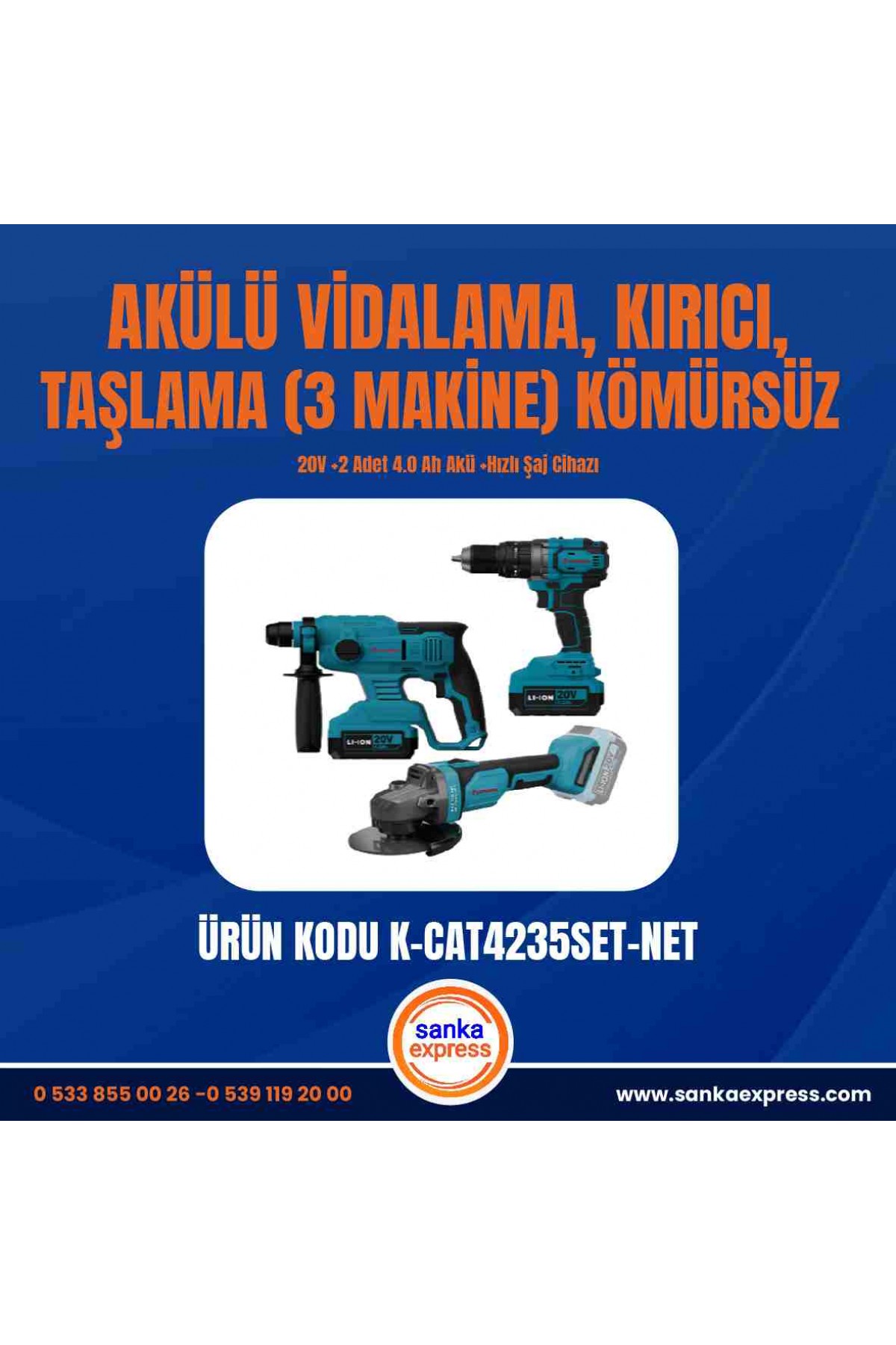 AKÜLÜ VİDALAMA, KIRICI, TAŞLAMA (3 MAKİNE) KÖMÜRSÜZ  20V 2 Adet 4.0 Ah Akü Hızlı Şaj Cihazı