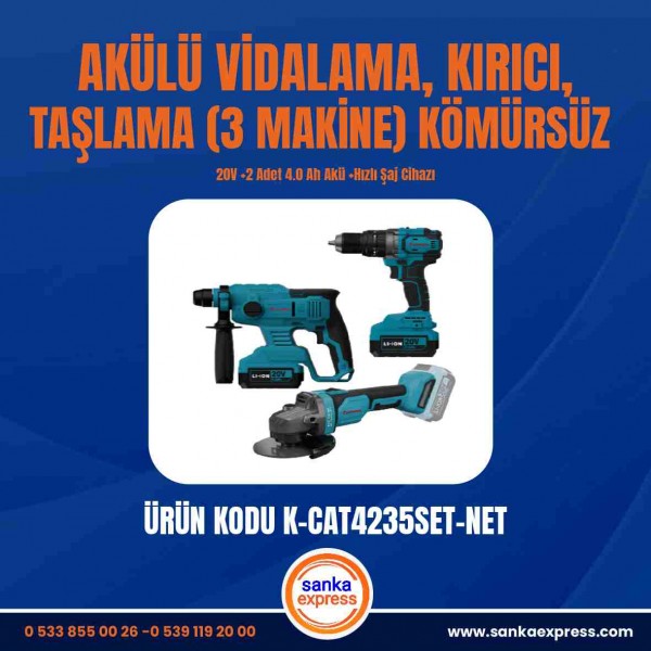 AKÜLÜ VİDALAMA,KIRICI,TAŞLAMA (3 MAKİNE) KÖMÜRSÜZ  20V 2 Adet 4.0 Ah Akü Hızlı Şaj Cihazı